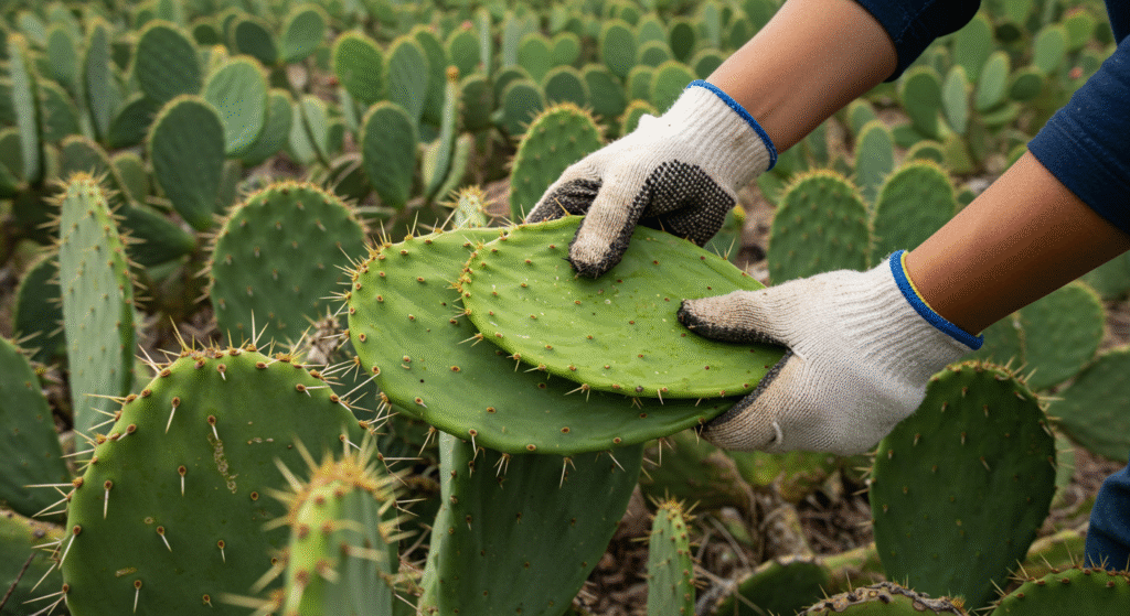 una foto de manos con guantes cosechando nopales