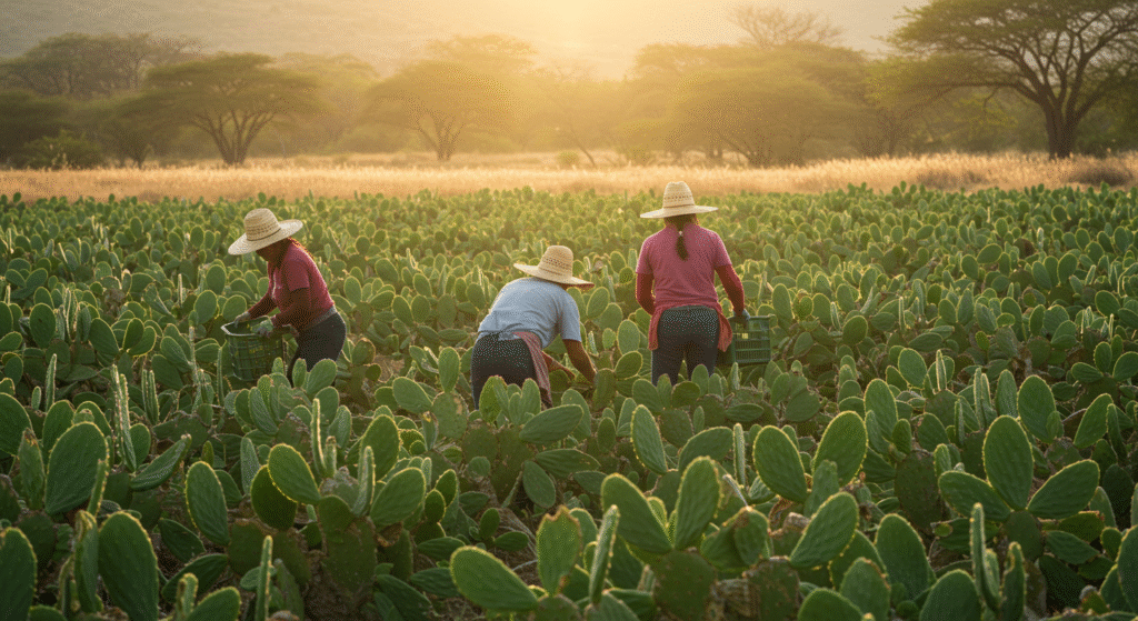 una foto de tres personas cosechando nopales de espaldas